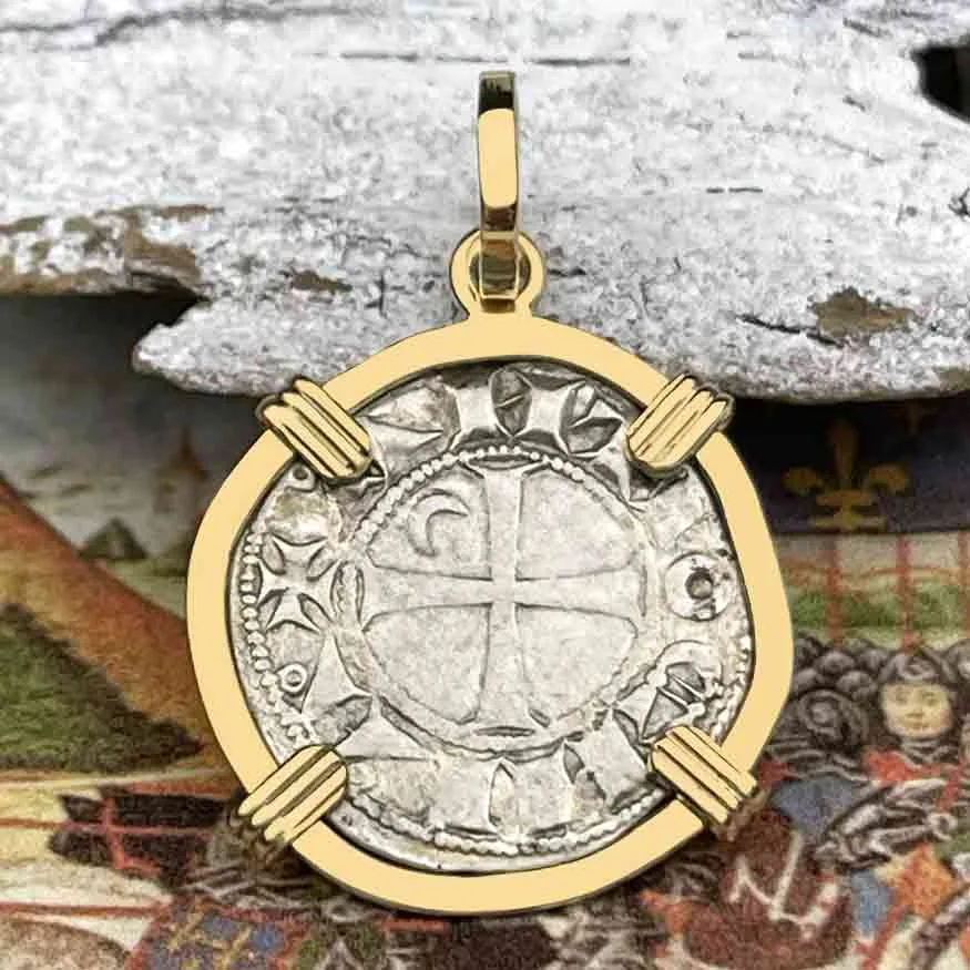 Templar Knights Era Antioch Crusader Medieval Silver Denier "Helmet Head" Coin of the Crusades 14K Gold Pendant | Artifact #8930