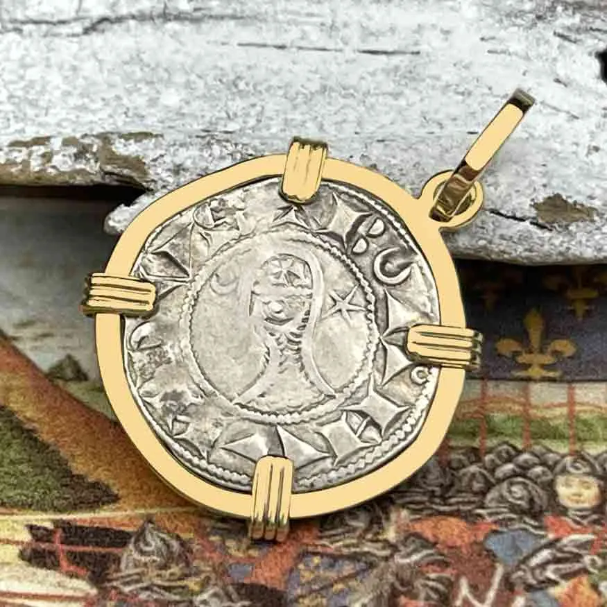Templar Knights Era Antioch Crusader Medieval Silver Denier "Helmet Head" Coin of the Crusades 14K Gold Pendant | Artifact #8930