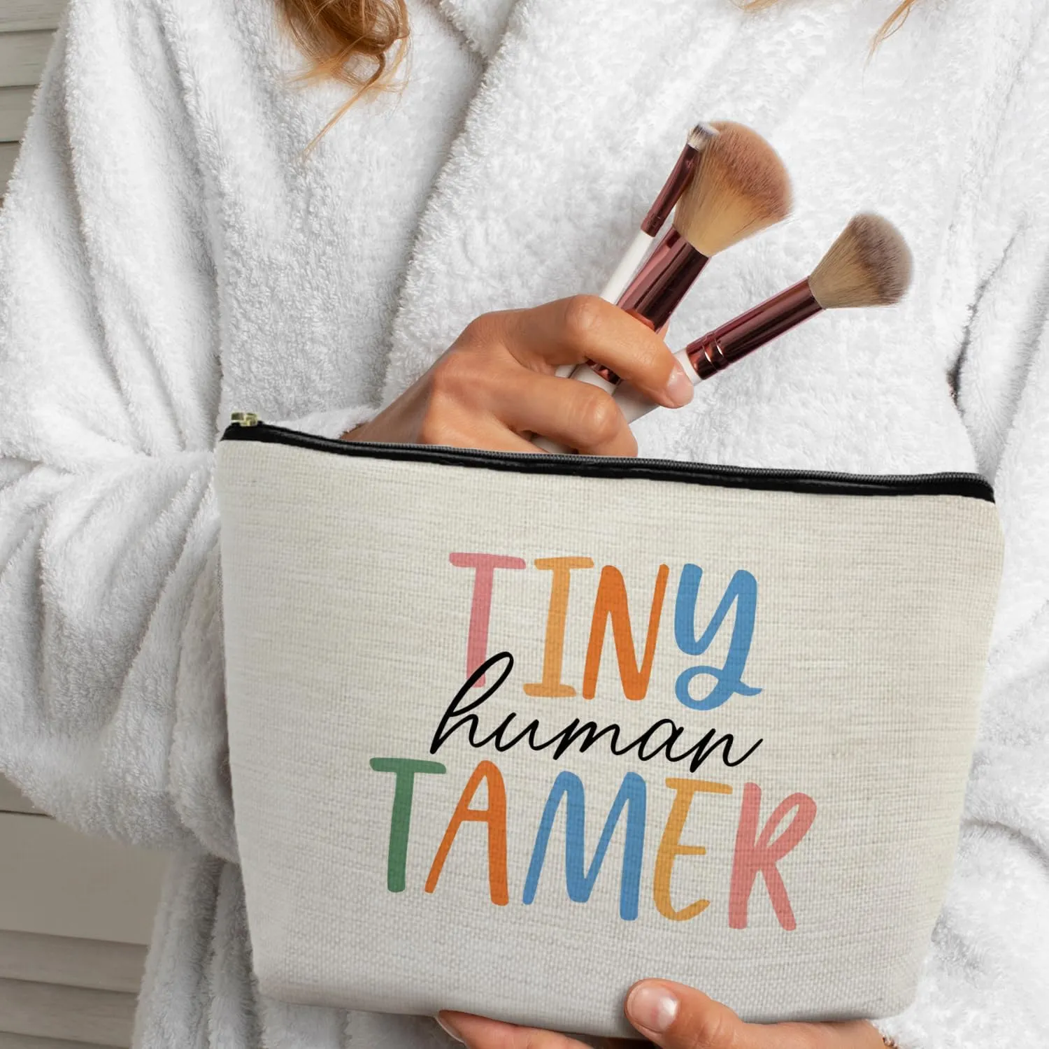 Tiny Human Tamer Teacher Makeup Pouch, Funny Teacher Makeup Bag, Zipper Pouch for Purse (White)