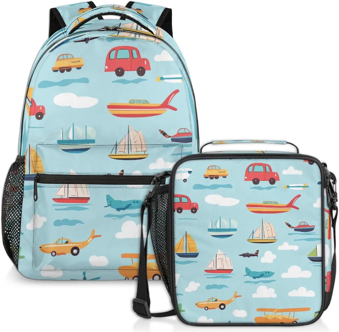 Transportation Airplanes Lunch Backpack Boats Cars Laptop Backpacks Set with Insulated Cooler Lunch Box Leak Proof Lunch Bag for Women Men Work Travel Camping Daypack