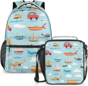 Transportation Airplanes Lunch Backpack Boats Cars Laptop Backpacks Set with Insulated Cooler Lunch Box Leak Proof Lunch Bag for Women Men Work Travel Camping Daypack