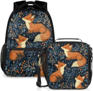 Tree Fox Lunch Backpack Polka Dots Laptop Backpacks Set with Insulated Cooler Lunch Box Leak Proof Lunch Bag for Women Men Work Camping Travel Daypack