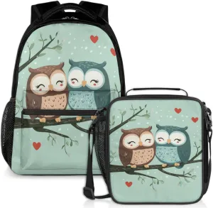 Tree Owl Lunch Backpack Heart Love Laptop Backpacks Set with Insulated Cooler Lunch Box Leak Proof Lunch Bag for Women Men Work Camping Travel Daypack