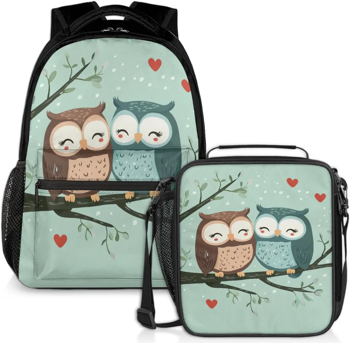 Tree Owl Lunch Backpack Heart Love Laptop Backpacks Set with Insulated Cooler Lunch Box Leak Proof Lunch Bag for Women Men Work Camping Travel Daypack