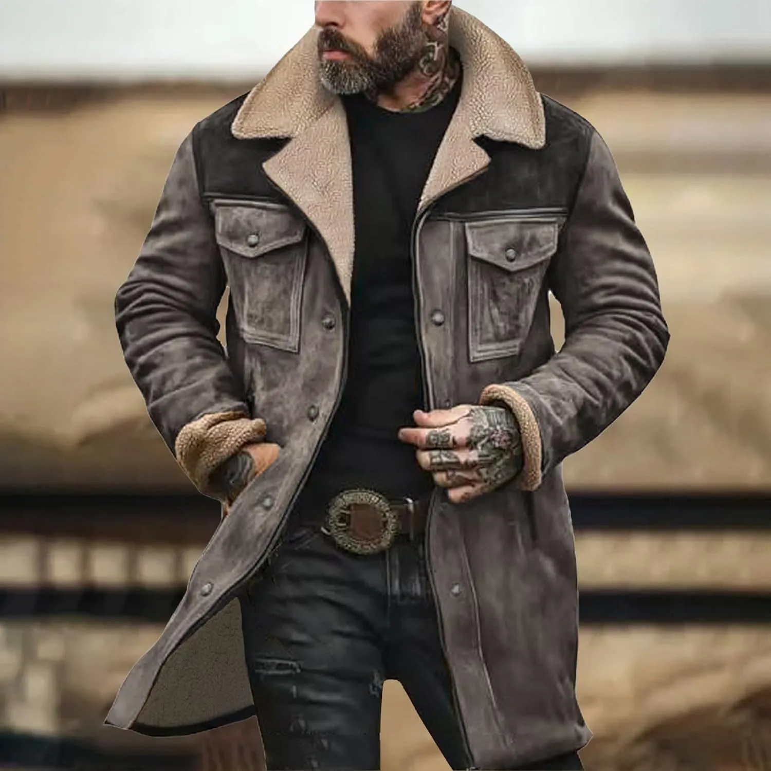 Trench Coat Men Mens Woolen Blend Jacket Double Breasted Trench Coat Lapel Mid Length Peacoat Winter Outerwear