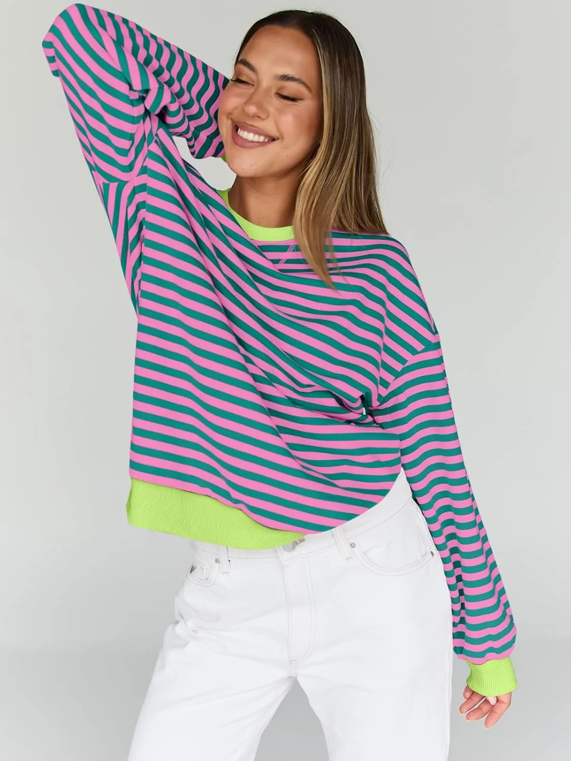 Trendy Queen Oversized Sweatshirt for Women 2025 Summer Crewneck Striped Long Sleeve Shirts Hoodies Cute Top Y2K Outfits