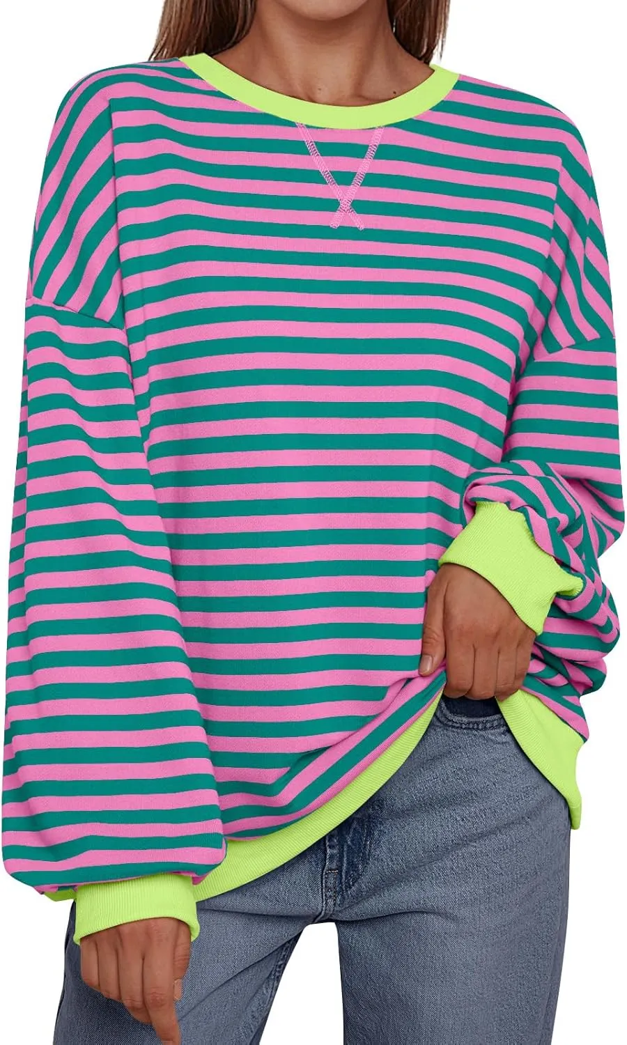 Trendy Queen Oversized Sweatshirt for Women 2025 Summer Crewneck Striped Long Sleeve Shirts Hoodies Cute Top Y2K Outfits