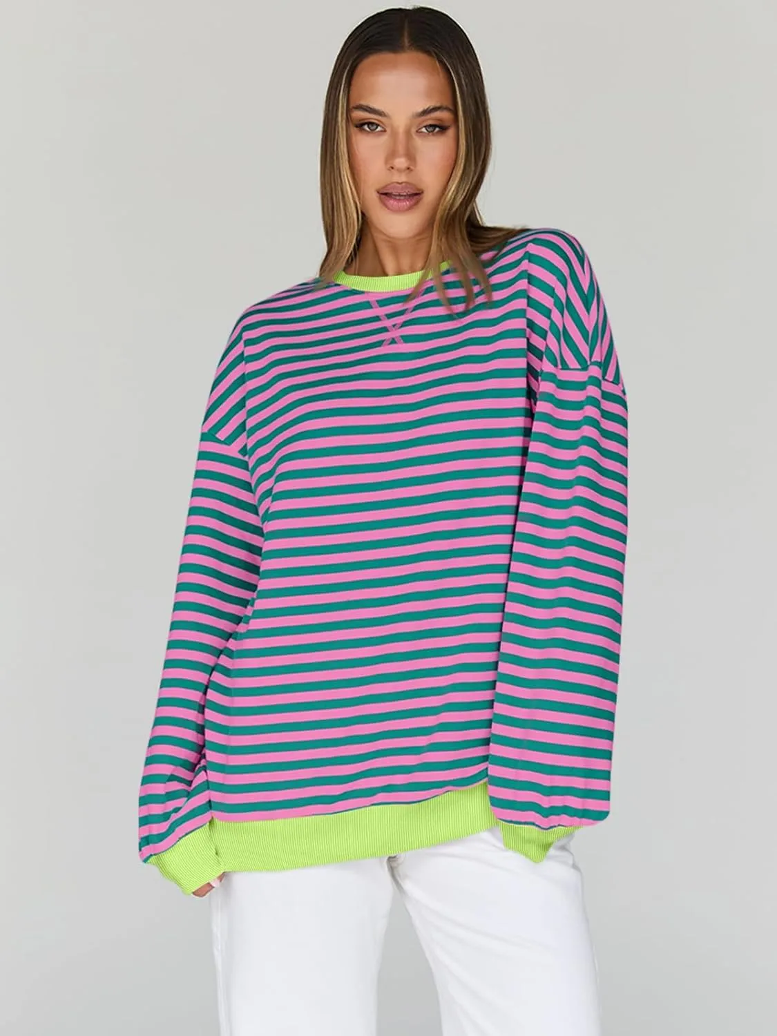Trendy Queen Oversized Sweatshirt for Women 2025 Summer Crewneck Striped Long Sleeve Shirts Hoodies Cute Top Y2K Outfits