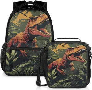 Tropical Dinosaur Lunch Backpack Tyrannosaurus Rex Laptop Backpacks Set with Insulated Cooler Lunch Box Leak Proof Lunch Bag for Women Men Work Camping Travel Daypack