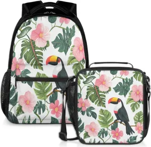 Tropical Leaf Toucan Lunch Backpack Pink Flowers Laptop Backpacks Set with Insulated Cooler Lunch Box Leak Proof Lunch Bag for Women Men Work Camping Travel Daypack