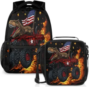 Truck Dinosaur Lunch Backpack American Flag Laptop Backpacks Set with Insulated Cooler Lunch Box Leak Proof Lunch Bag for Women Men Work Travel Camping Daypack
