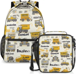 Truck Excavator Lunch Backpack Yellow Cars Laptop Backpacks Set with Insulated Cooler Lunch Box Leak Proof Lunch Bag for Women Men Work Travel Camping Daypack