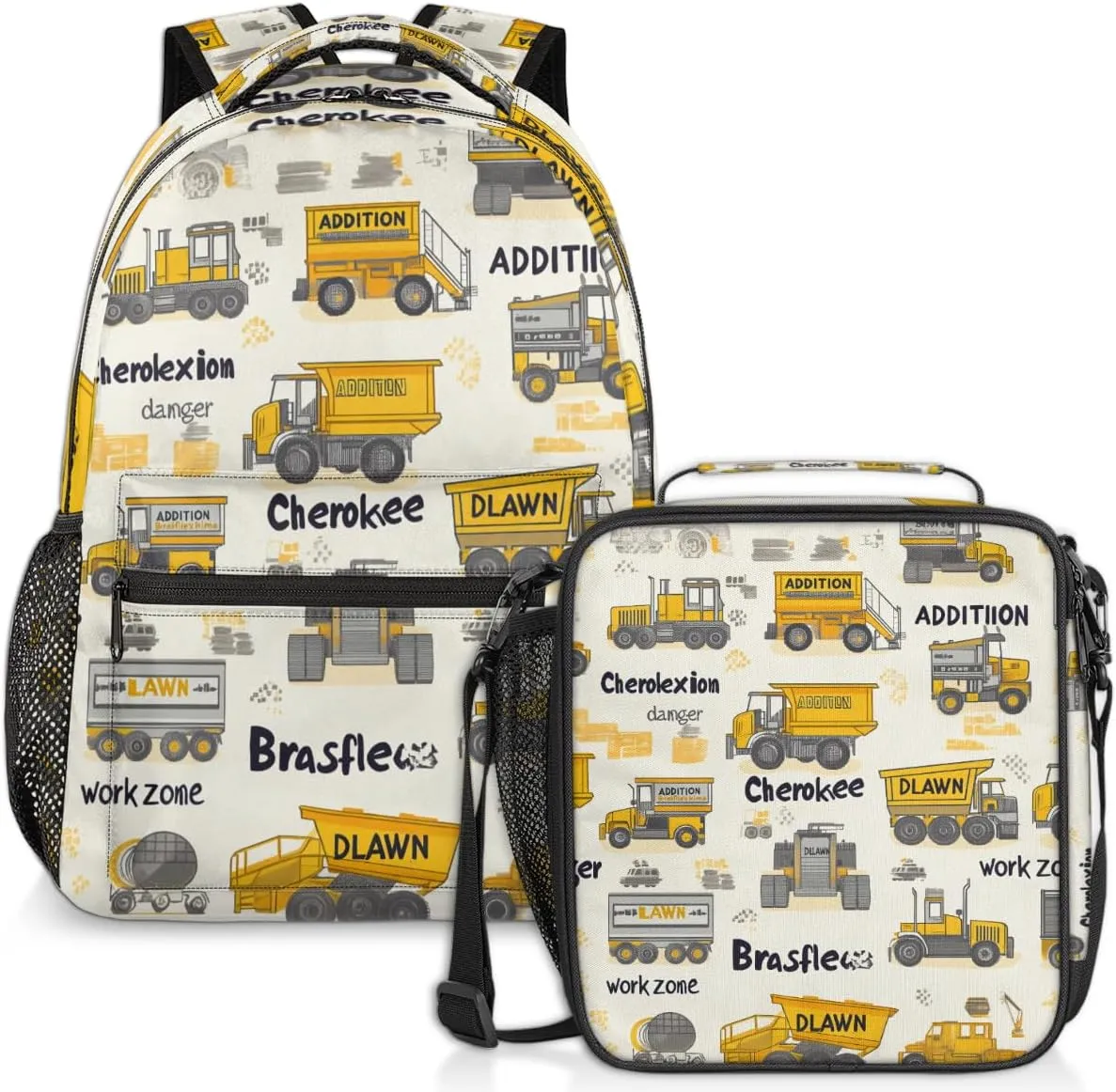 Truck Excavator Lunch Backpack Yellow Cars Laptop Backpacks Set with Insulated Cooler Lunch Box Leak Proof Lunch Bag for Women Men Work Travel Camping Daypack