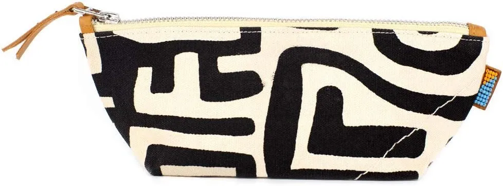 Ubuntu Life Kuba Pouch  Makeup & Toiletry Bag for Women Made with Natural Cotton Canvas, Stylish Cosmetic Bag with Kuba African Print (Black & Eggshell, Small)