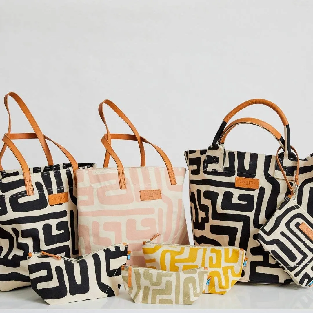 Ubuntu Life Kuba Pouch  Makeup & Toiletry Bag for Women Made with Natural Cotton Canvas, Stylish Cosmetic Bag with Kuba African Print (Black & Eggshell, Small)