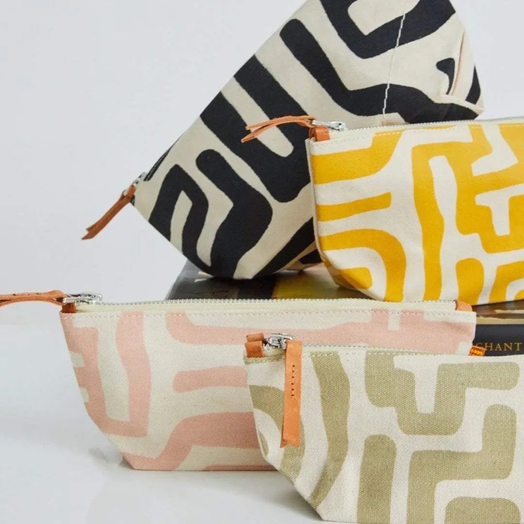 Ubuntu Life Kuba Pouch  Makeup & Toiletry Bag for Women Made with Natural Cotton Canvas, Stylish Cosmetic Bag with Kuba African Print (Black & Eggshell, Small)