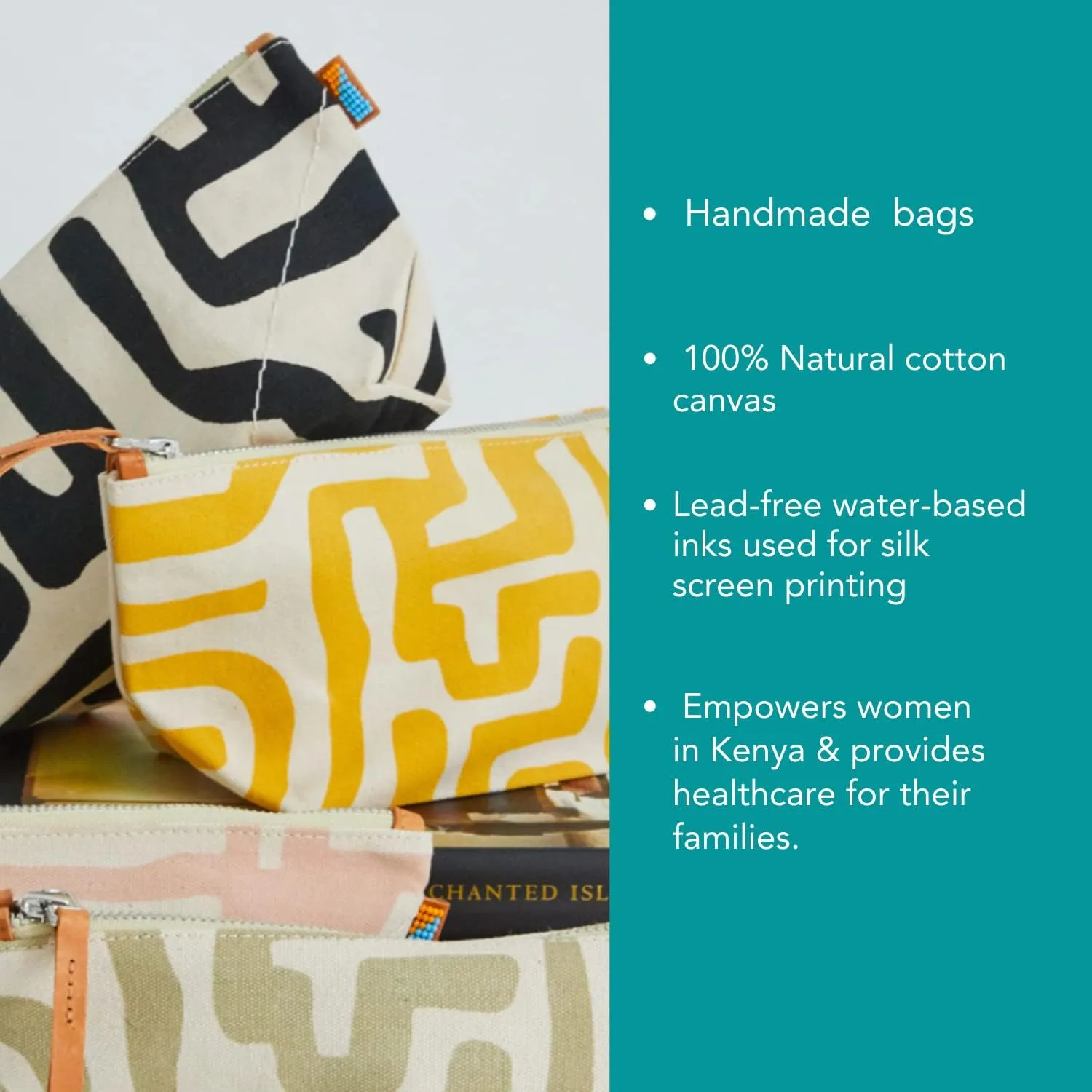 Ubuntu Life Kuba Pouch  Makeup & Toiletry Bag for Women Made with Natural Cotton Canvas, Stylish Cosmetic Bag with Kuba African Print (Black & Eggshell, Small)