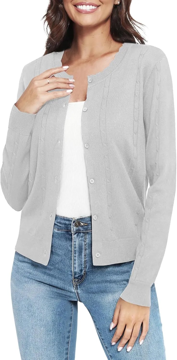 Urban CoCo Women's Lightweight Crew Neck Cropped Cardigan Long Sleeve Open Front Soft Knit Tops Casual Outfit