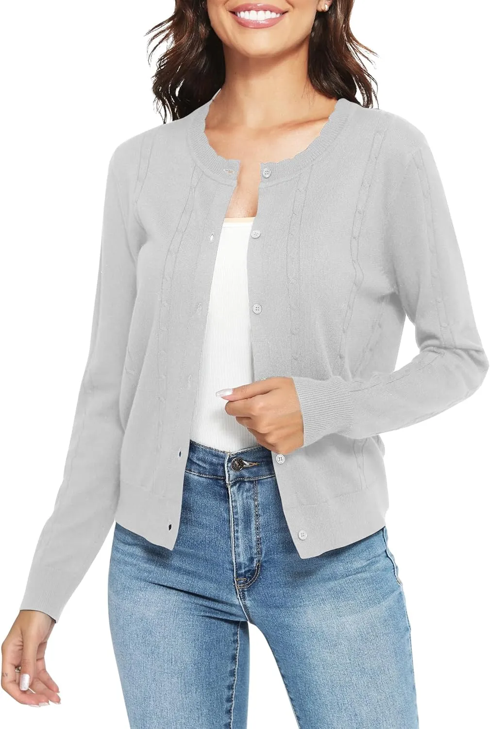 Urban CoCo Women's Lightweight Crew Neck Cropped Cardigan Long Sleeve Open Front Soft Knit Tops Casual Outfit