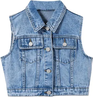 Verdusa Girl's Denim Vest Button Down Fashion Sleeveless Jean Jacket Cute Crop Tops