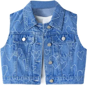 Verdusa Girl's Denim Vest Button Down Fashion Sleeveless Jean Jacket Cute Crop Tops