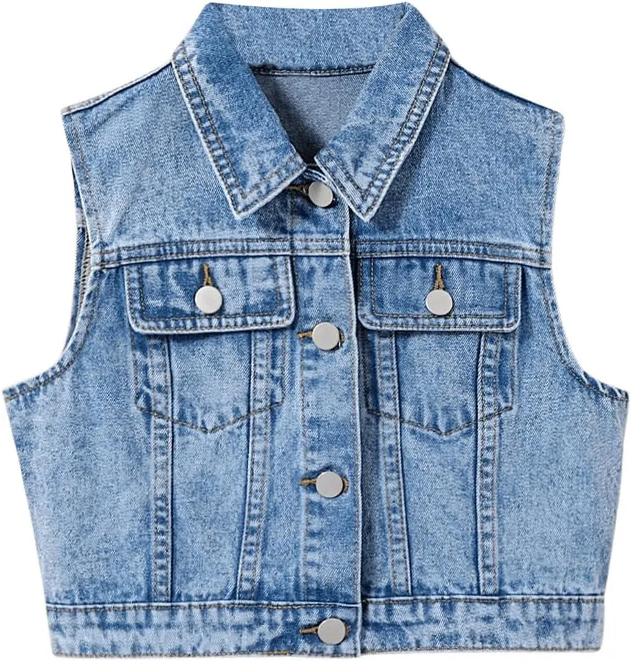 Verdusa Girl's Denim Vest Button Down Fashion Sleeveless Jean Jacket Cute Crop Tops