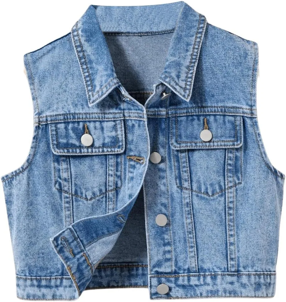 Verdusa Girl's Denim Vest Button Down Fashion Sleeveless Jean Jacket Cute Crop Tops