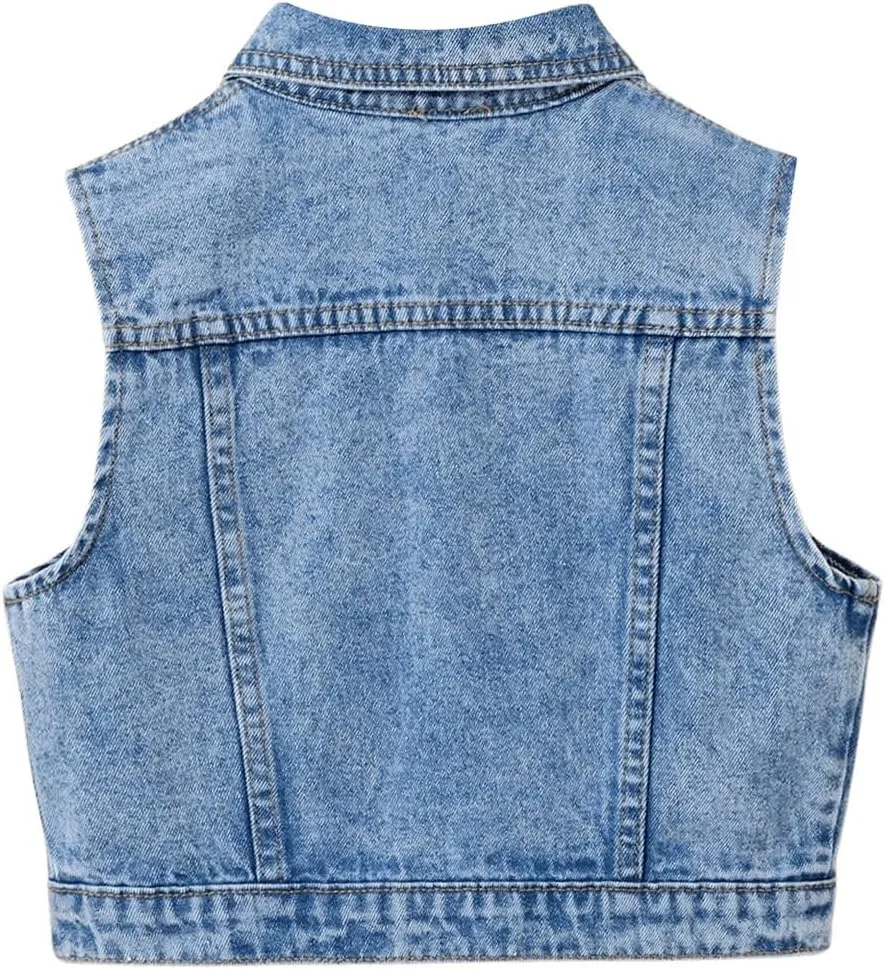 Verdusa Girl's Denim Vest Button Down Fashion Sleeveless Jean Jacket Cute Crop Tops