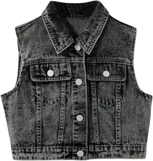 Verdusa Girl's Denim Vest Button Down Fashion Sleeveless Jean Jacket Cute Crop Tops