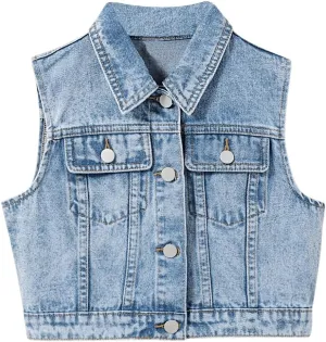 Verdusa Girl's Denim Vest Button Down Fashion Sleeveless Jean Jacket Cute Crop Tops