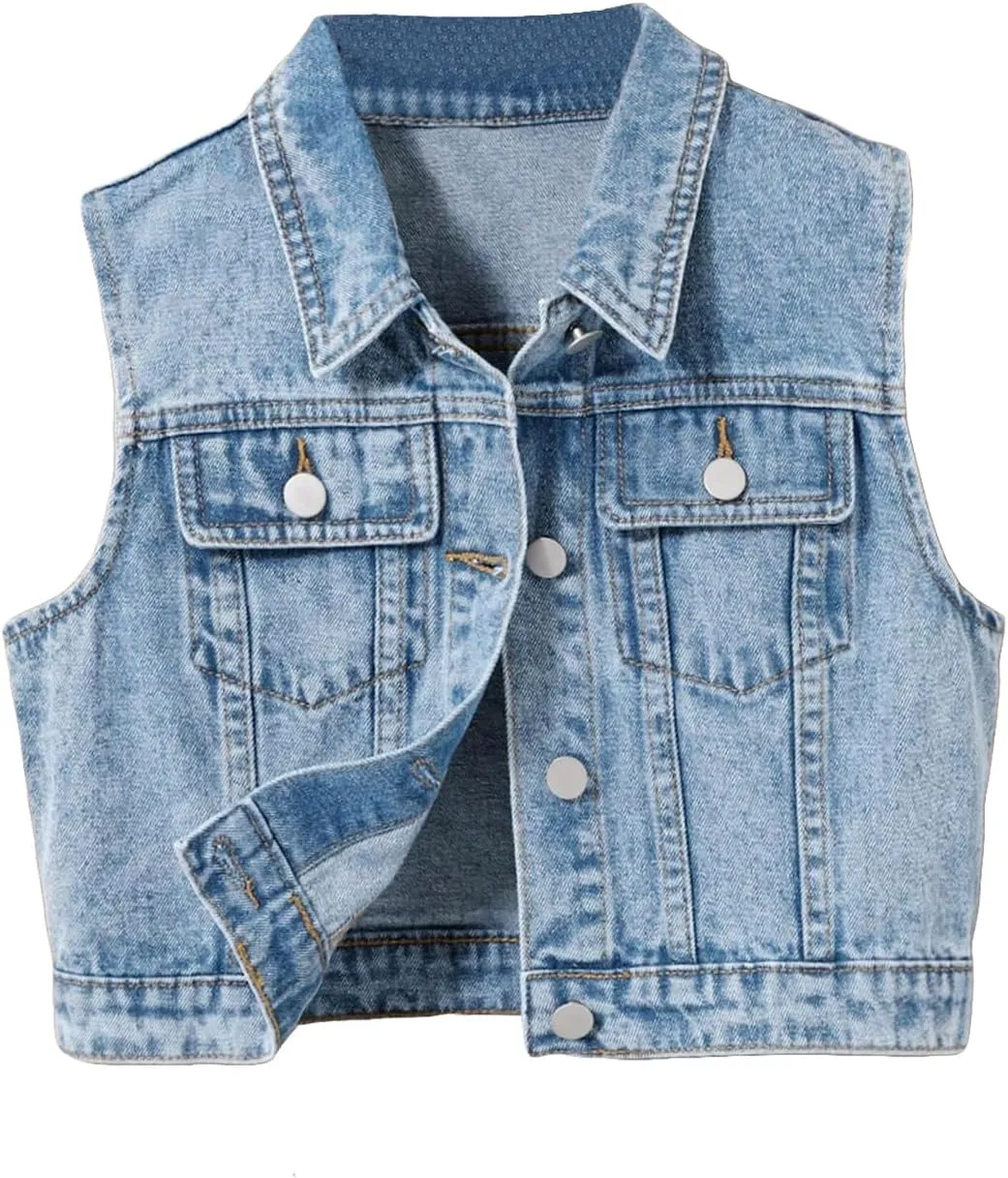 Verdusa Girl's Denim Vest Button Down Fashion Sleeveless Jean Jacket Cute Crop Tops