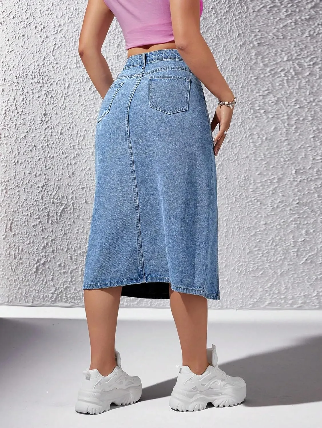 Verdusa Women's High Waisted Denim Midi Skirts Split Jean Skirts with Pockets
