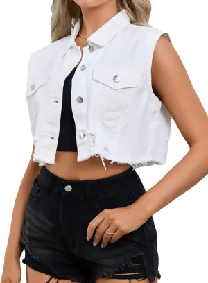 Verdusa Women's Ripped Raw Hem Sleeveless Button Up Crop Denim Vest Jean Outerwear
