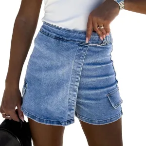 Viatabuna Denim Skort for Women High Waisted Stretchy Asymmetrical Straight Leg Jean Skirt Shorts with Pockets Summer Trendy