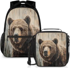 Vintage Bear Lunch Backpack Wooden Board Animal Laptop Backpacks Set with Insulated Cooler Lunch Box Leak Proof Lunch Bag for Women Men Work Camping Travel Daypack