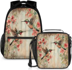 Vintage Flower Hummingbird Lunch Backpack Wooden Board Laptop Backpacks Set with Insulated Cooler Lunch Box Leak Proof Lunch Bag for Women Men Work Camping Travel Daypack