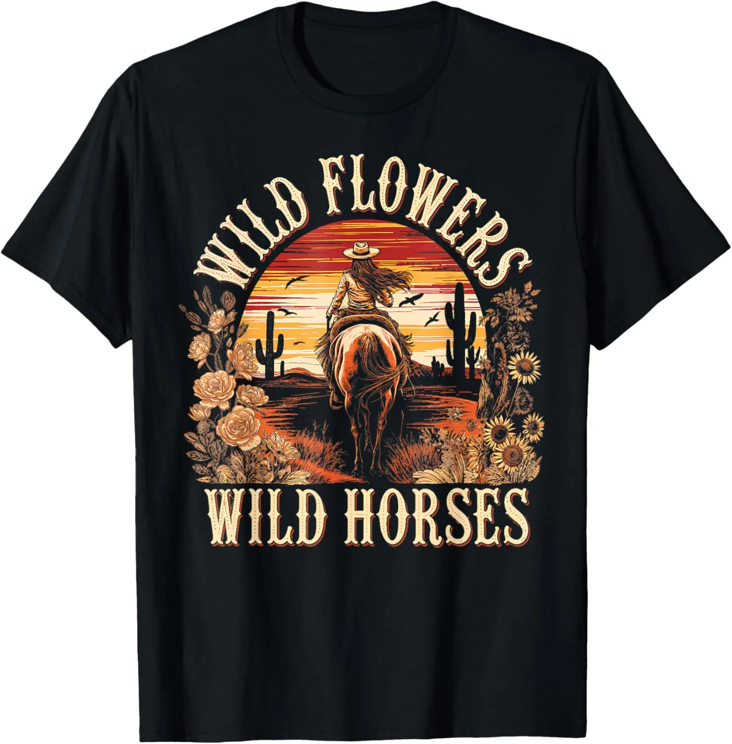 Vintage Flowers Horses Cowgirl Western Sunset Riding Horse T-Shirt