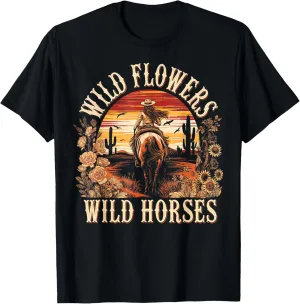Vintage Flowers Horses Cowgirl Western Sunset Riding Horse T-Shirt