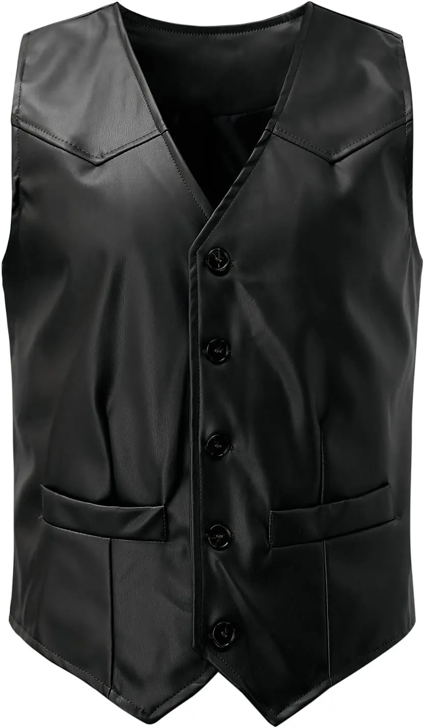 Vintage Leather Vest for Men Slim Fit V Neck Button Down Waistcoat Western Cowboy Vest Retro Sleeveless Jacket Brown