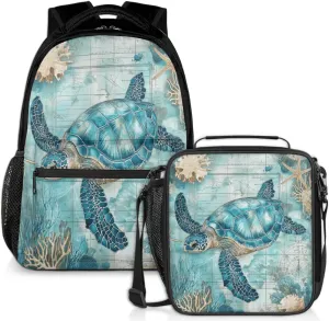 Vintage Sea Turtle Lunch Backpack Ocean Coral Laptop Backpacks Set with Insulated Cooler Lunch Box Leak Proof Lunch Bag for Women Men Work Camping Travel Daypack