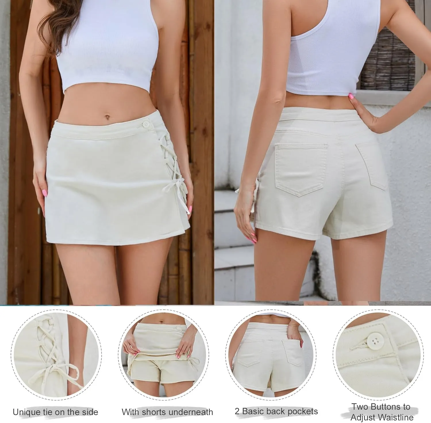 VIPONES Skorts Skirts for Women Denim Mini Skirt Tie Side Low Waisted Jean Shorts Stretchy