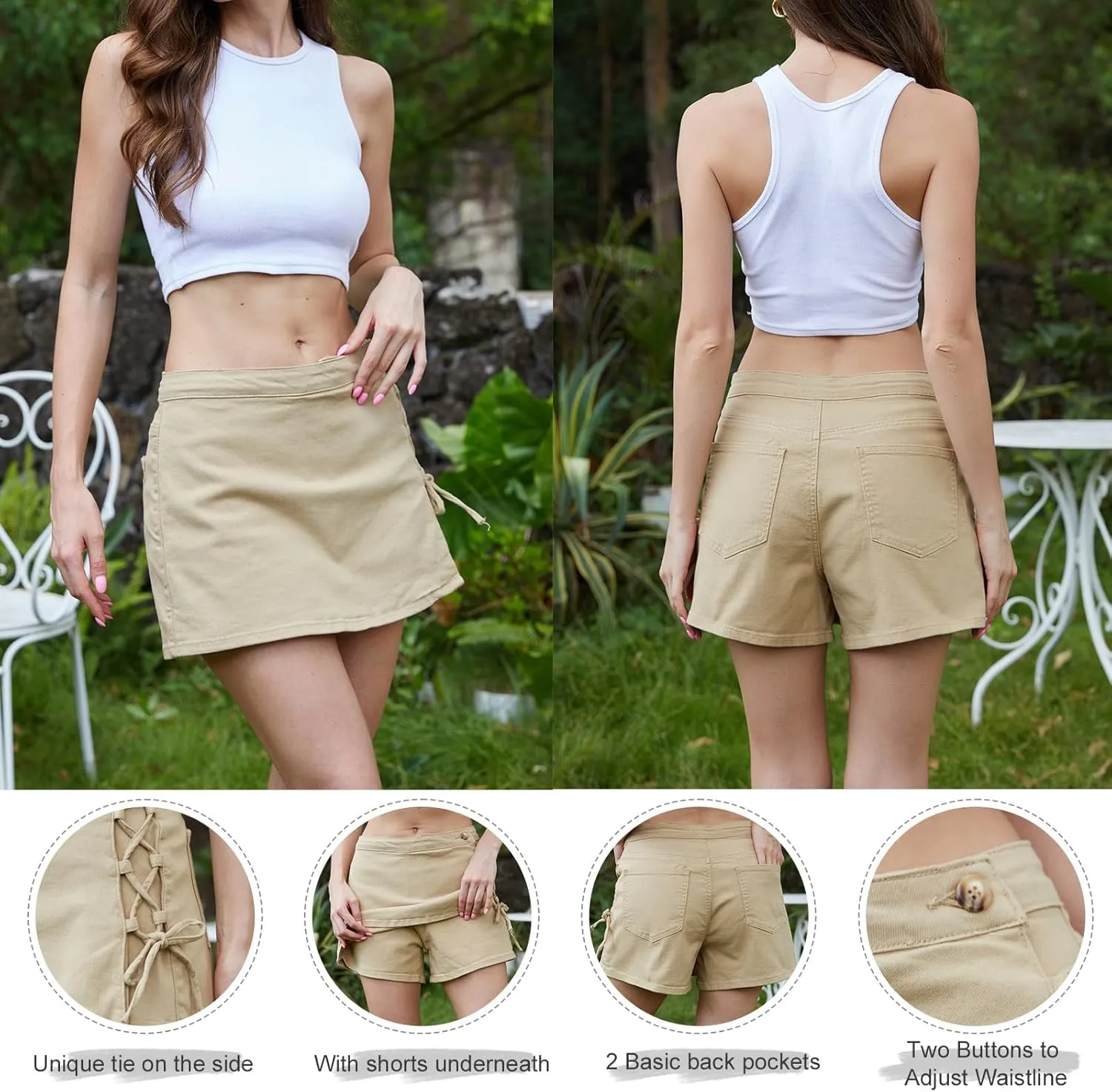 VIPONES Skorts Skirts for Women Denim Mini Skirt Tie Side Low Waisted Jean Shorts Stretchy