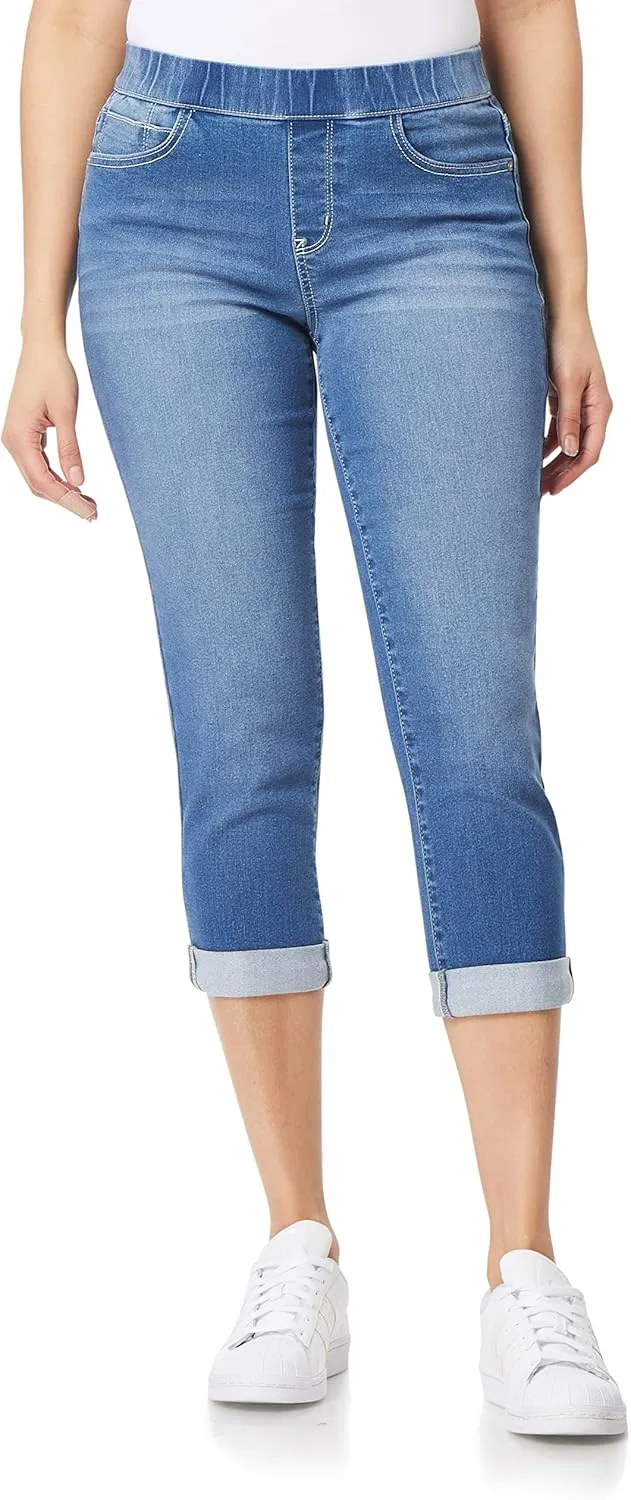 WallFlower Women's Pull on Denim Crop and Ankle High-Rise Insta Soft Juniors Jeans (Available in Plus Size)