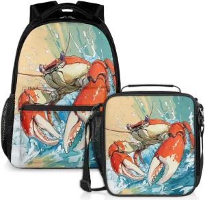 Watercolor Crab Lunch Backpack Blue Waves Laptop Backpacks Set with Insulated Cooler Lunch Box Leak Proof Lunch Bag for Women Men Work Camping Travel Daypack