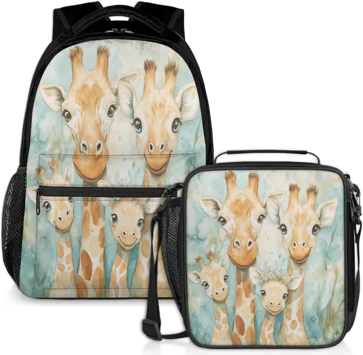 Watercolor Giraffes Lunch Backpack Animal Leaves Laptop Backpacks Set with Insulated Cooler Lunch Box Leak Proof Lunch Bag for Women Men Work Camping Travel Daypack