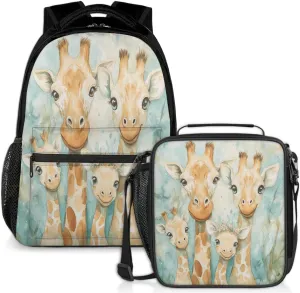 Watercolor Giraffes Lunch Backpack Animal Leaves Laptop Backpacks Set with Insulated Cooler Lunch Box Leak Proof Lunch Bag for Women Men Work Camping Travel Daypack