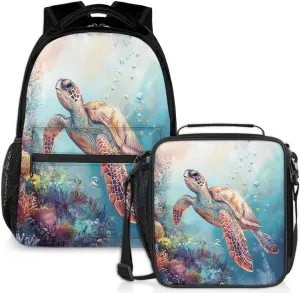 Watercolor Turtle Lunch Backpack Colorful Sea Laptop Backpacks Set with Insulated Cooler Lunch Box Leak Proof Lunch Bag for Women Men Work Travel Camping Daypack