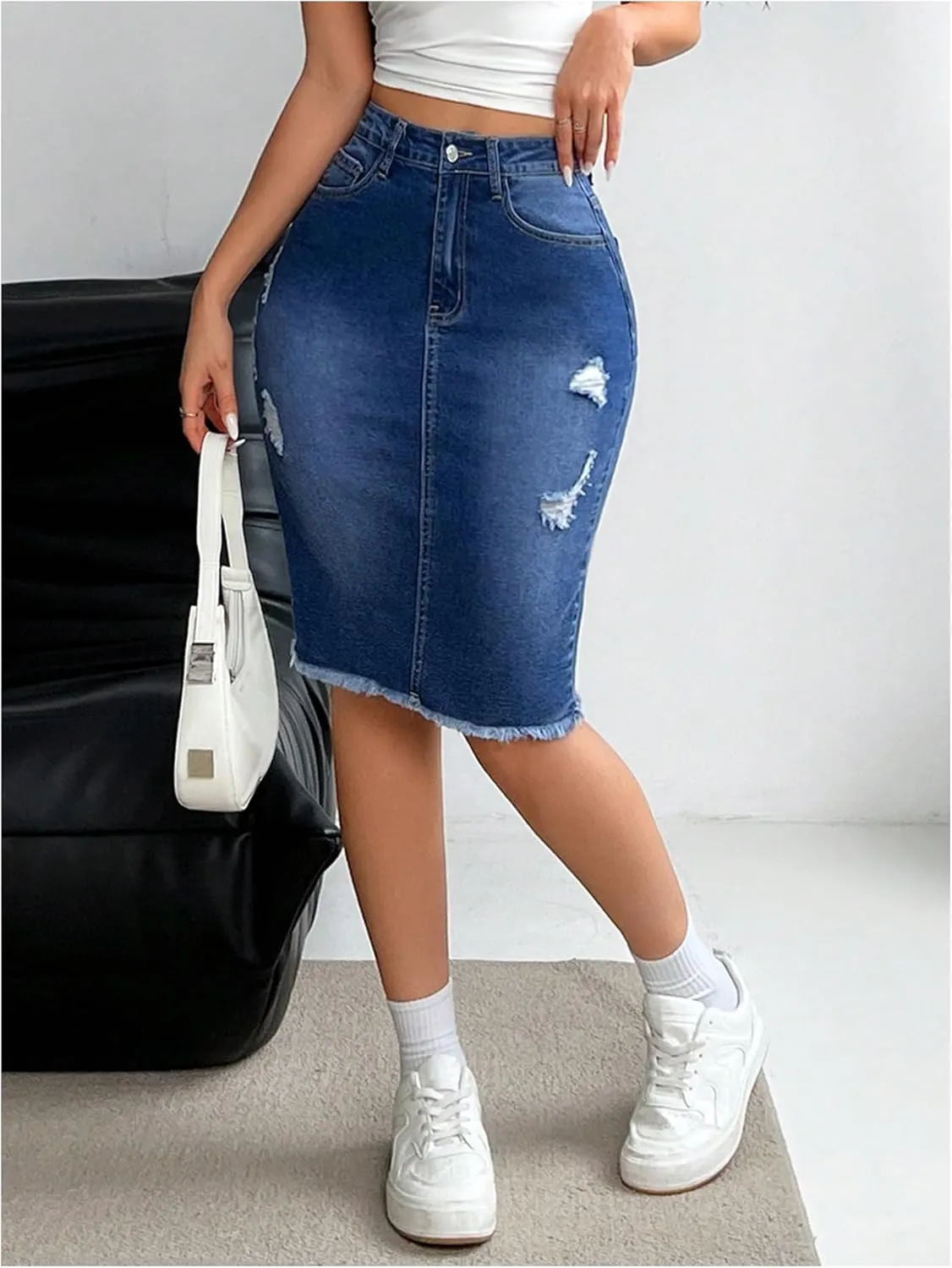 WDIRARA Women's Denim Pencil Skirt High Waisted Ripped Raw Hem Knee Length Stretch Bodycon Skirt