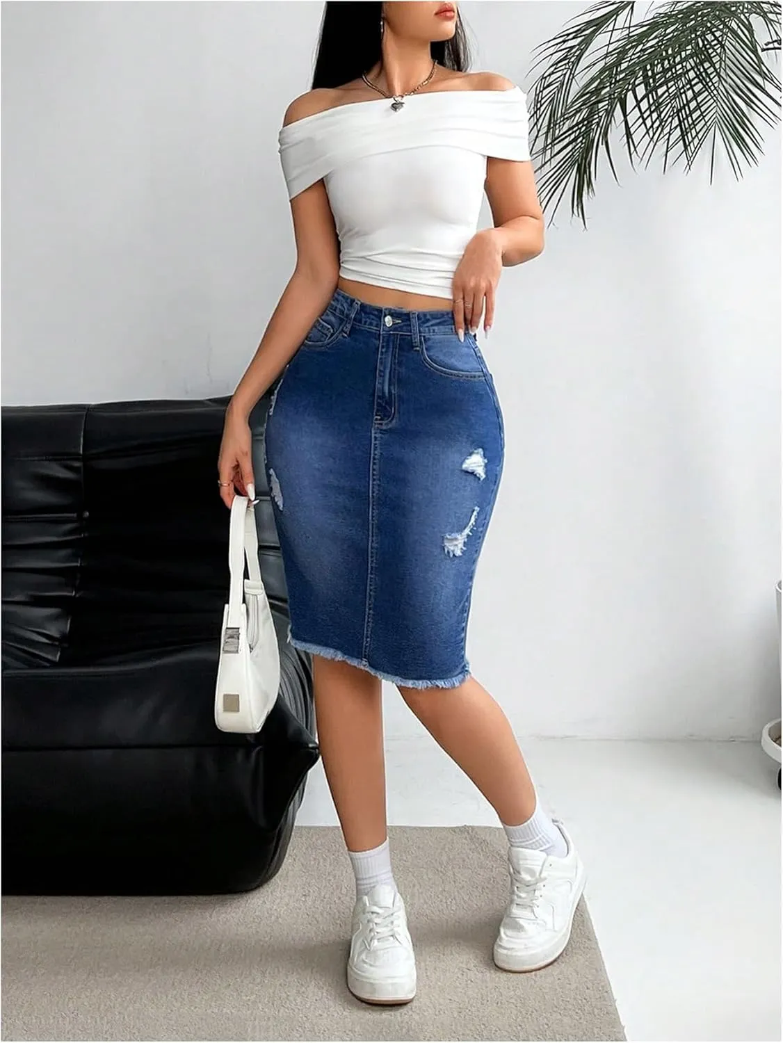 WDIRARA Women's Denim Pencil Skirt High Waisted Ripped Raw Hem Knee Length Stretch Bodycon Skirt