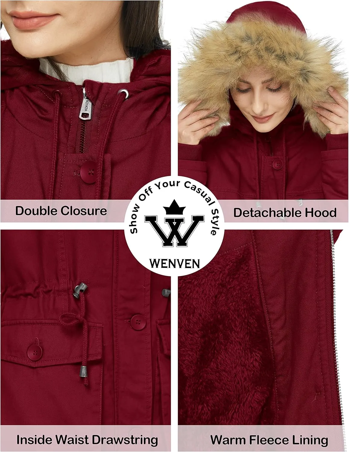 WenVen Women's Winter Thicken Fleece Jacket Fur Hooded Military Parka Coat